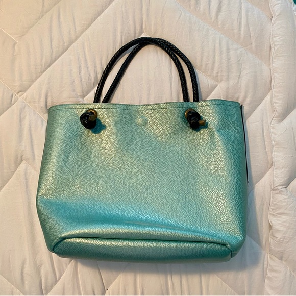 Large Metallic Blue and Black Reversible Leather Tote - Picture 4 of 9